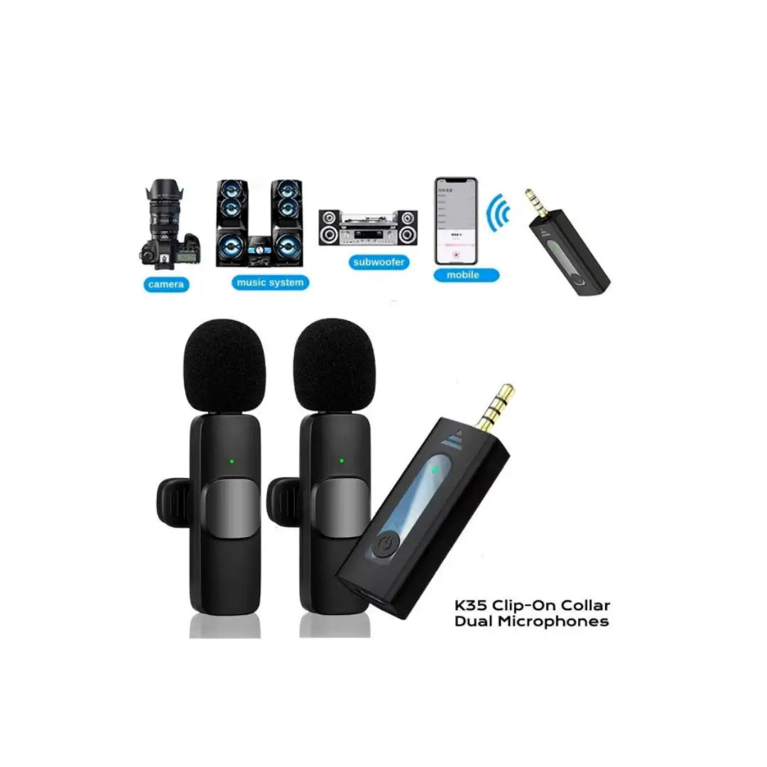 K35 HIGH QUALITY WIRELESS DUAL MICROPHONE FOR MOBILE PHONE AND CAMERA