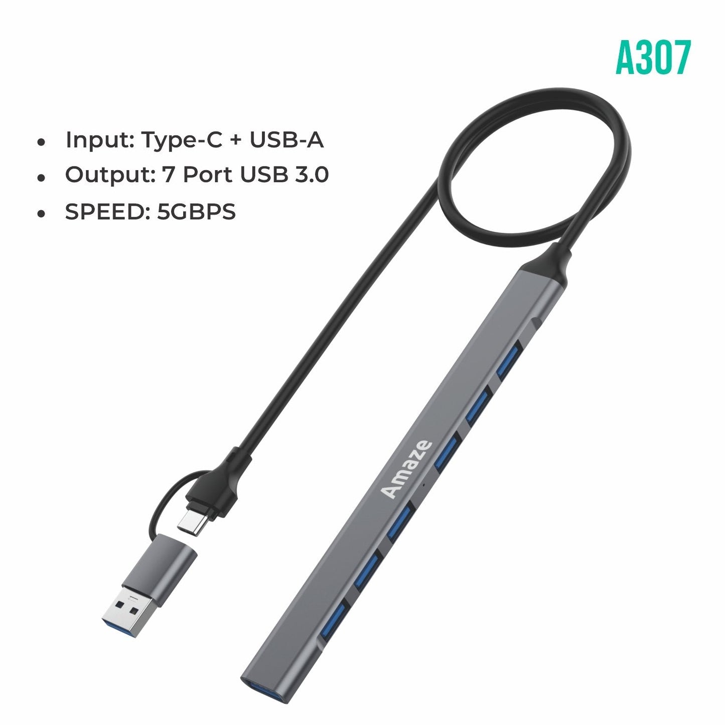AMAZE USB + TYPE-C 7-PORT USB 3.0 HUB A307
