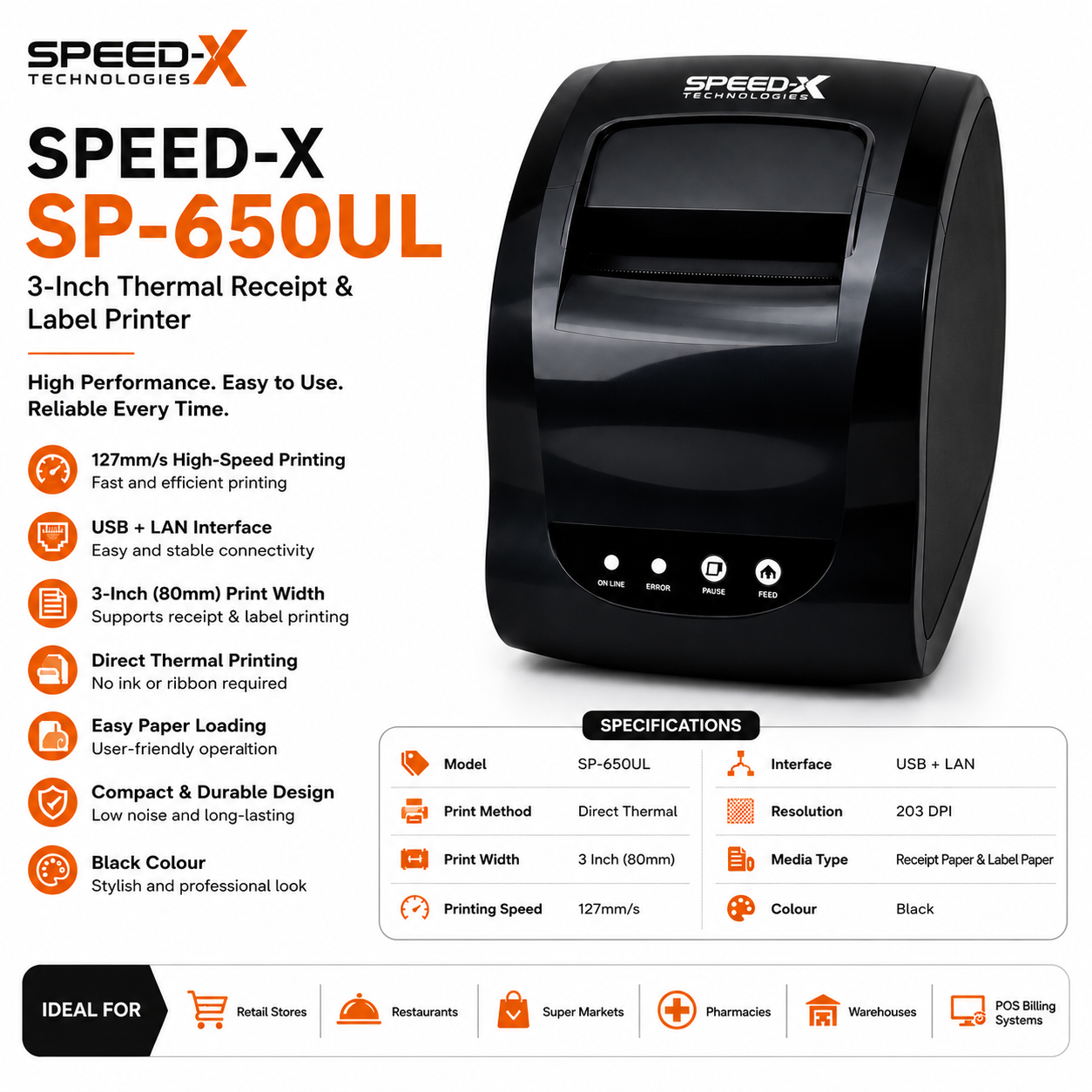 Speed-x SP-650UL 3 Inch Thermal Receipt And Label Printer With Usb+lan Interfac,127mm/s Printing Speed Black Colour