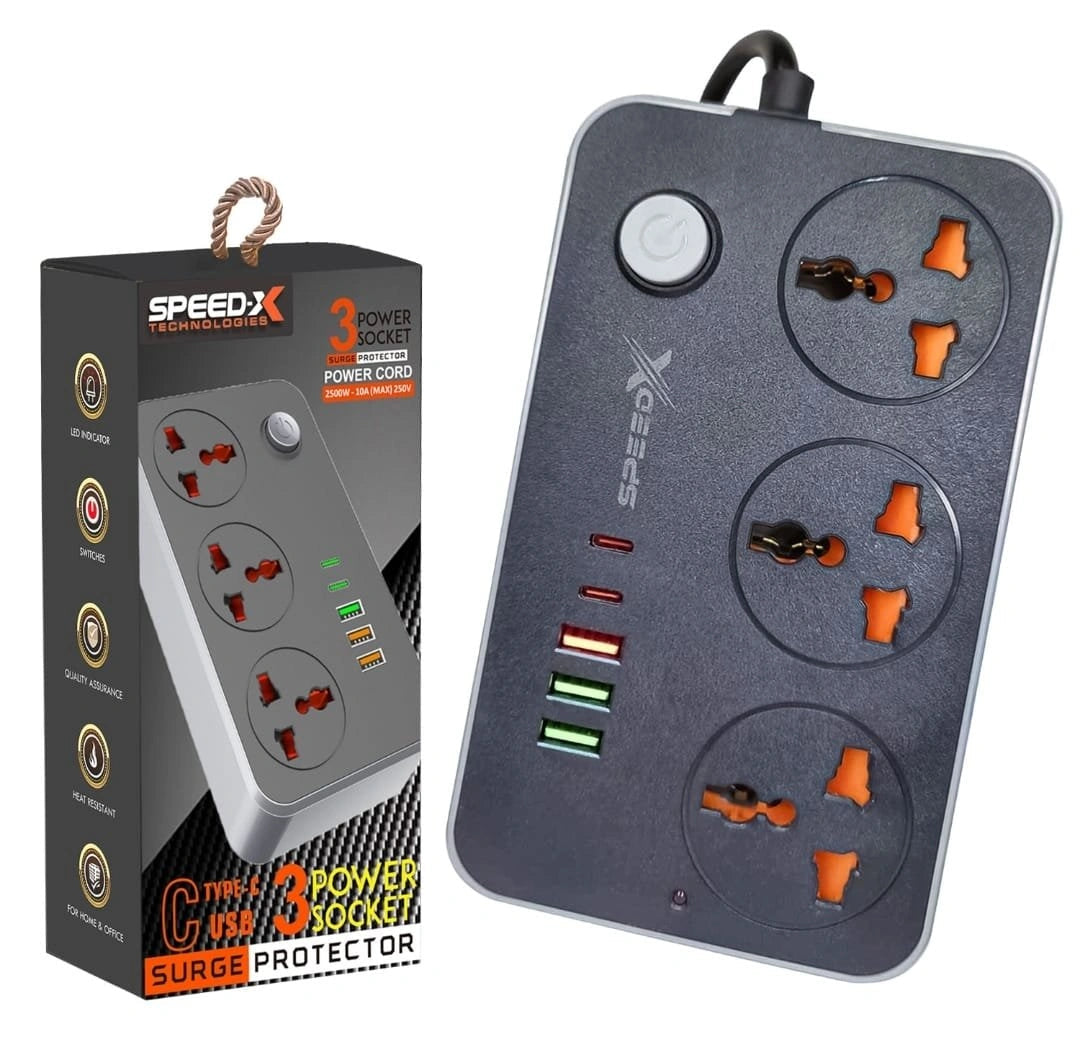 603pu Speed-X Power Universal Travel 3socket+3usb+2type-C Cabel Length 2m