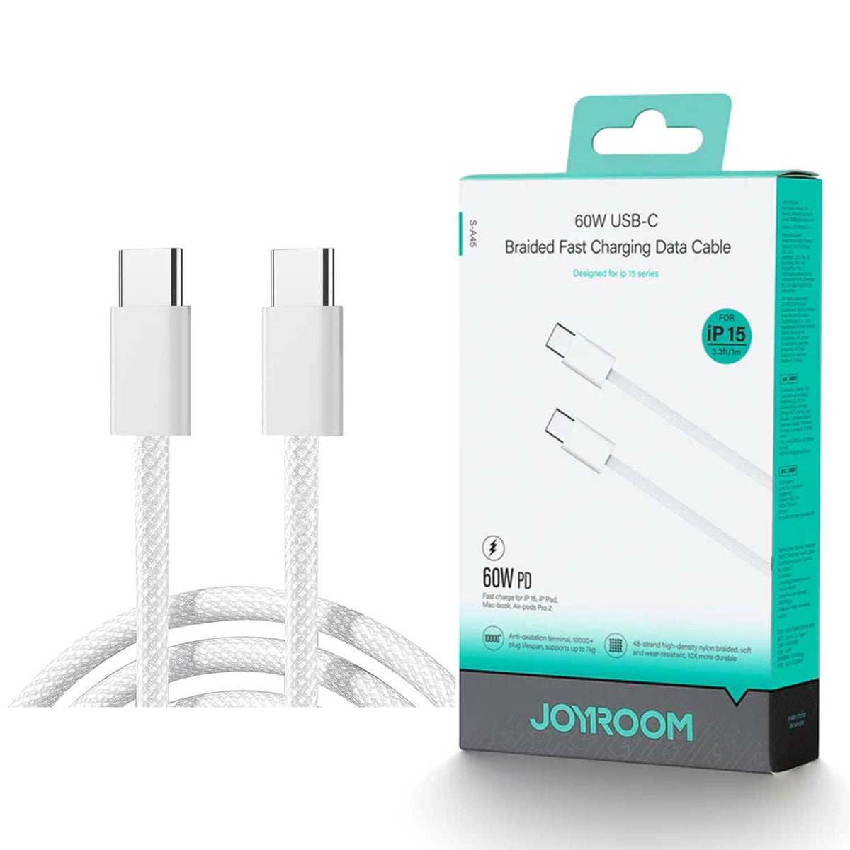 Joyroom S-A45 BEN SERIES BRAIDED 60W FAST CHARGING DATA CABLE (TYPE-C TO TYPE-C) 1M-WHITE